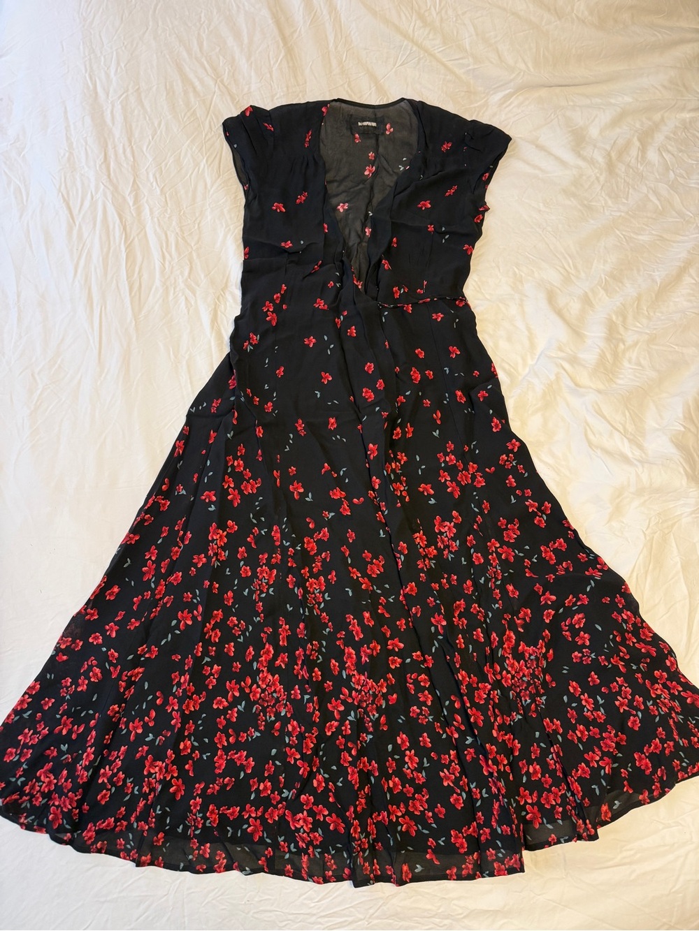 Reformation Carina Midi Wrap Dress Black & Red Blossoms Medium